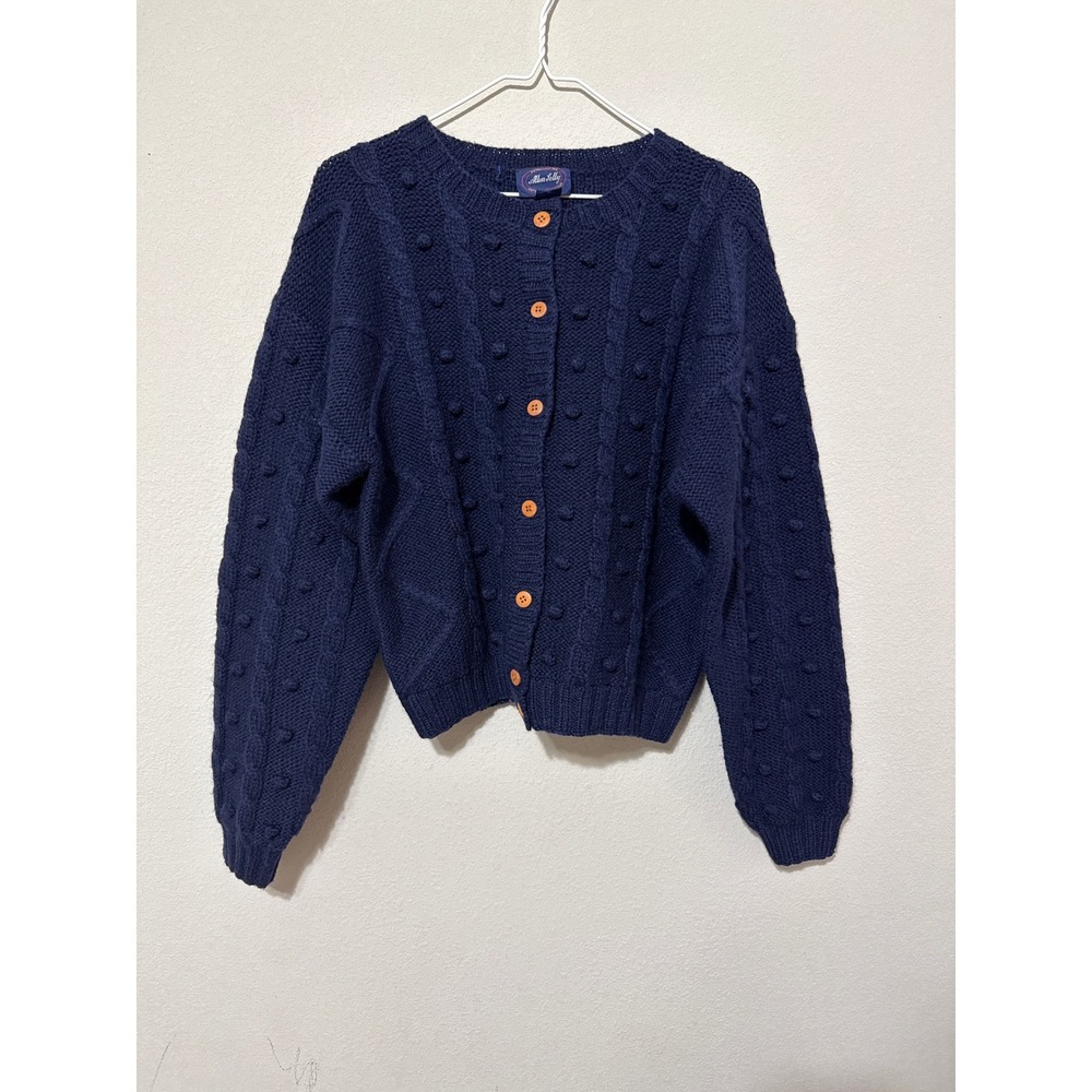 Vintage Allen Solly 100% Wool Navy Cable Knit Cardigan Lagenlook Fisherman Sz L